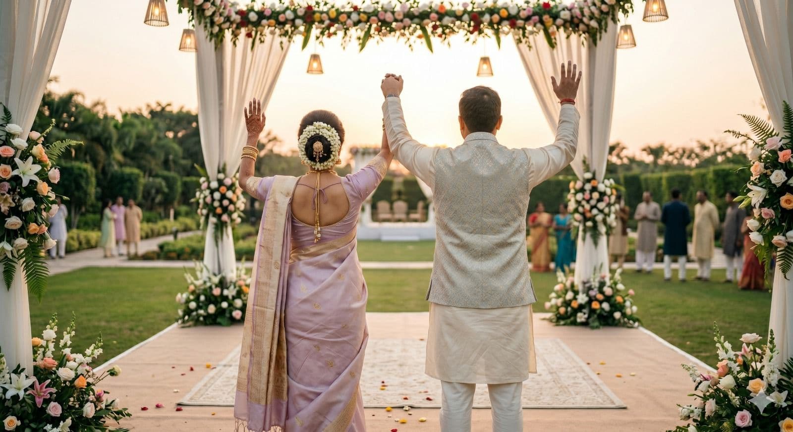 Couple raising hands together at the mandap